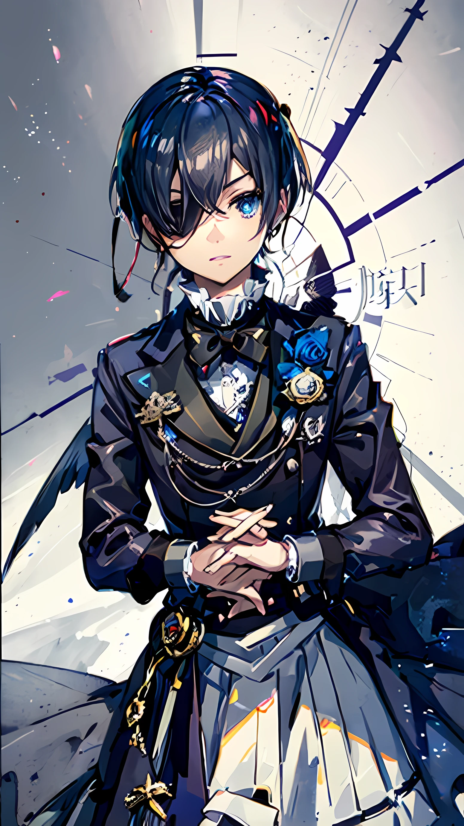 (masterpiece:1.2), (highest quality:1.2), perfect eyes, perfect face, phantomhive, ciel, null, cool, Eye patch on right eye, Null-colored eyes, Blue-black hair, looking at the viewer, Western style, 19th century British style, Sour face, Gothic, Appearance and height of about 13 years old, beautiful boy, 1 boy, Focus on the audience, solo, Lonely,Very little up, Slightly droopy eyes, But the face looks natural, Good face, Good style, thin