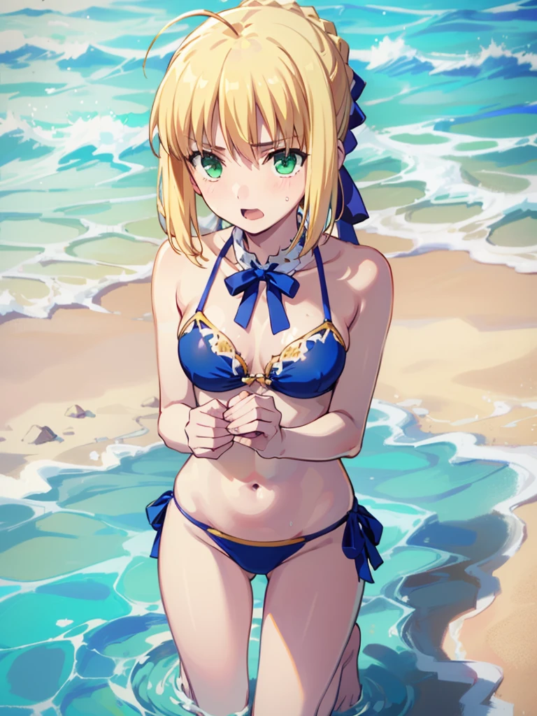 NSFW、Upper body portrait from above the knees、((Artoria Pendragon))、(((swimsuit:1.2)))、((Wearing only a swimsuit))、(((On a beautiful sunny beach)))、view audience、slender body type、Glossy skin、((Saber Artoria))、blonde、green eyes、chignon hair、shortcut、adult woman、Glossy skin、(highest qualityの、highest quality、Beautiful CG,)realistic、Laughs very embarrassedly、(((Royal blue fancy bikini)))、belly button costume、(((Blue ribbon around bare neck)))、sexy body、erotic body、(((Artoria Pendragonの髪型)))、bare skin arm、Bare skin legs