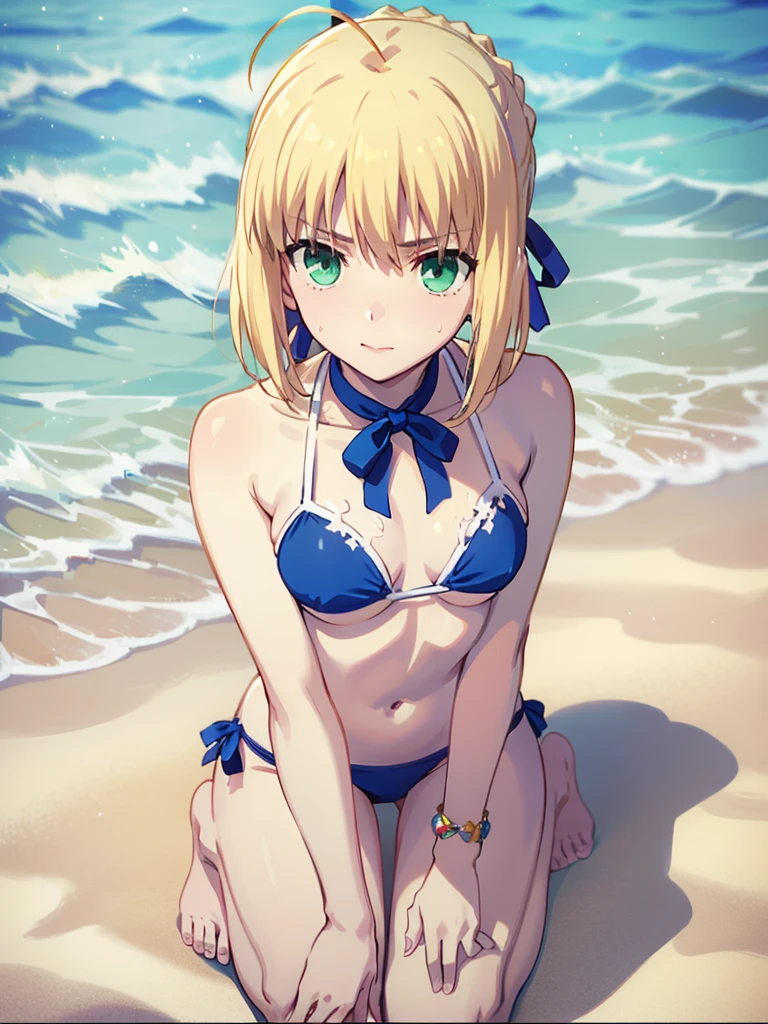 NSFW、Upper body portrait from above the knees、((Artoria Pendragon))、(((swimsuit:1.2)))、((Wearing only a swimsuit))、(((On a beautiful sunny beach)))、view audience、slender body type、Glossy skin、((Saber Artoria))、blonde、green eyes、chignon hair、shortcut、adult woman、Glossy skin、（highest qualityの、highest quality、Beautiful CG,）realistic、Laughs very embarrassedly、(((Royal blue fancy bikini)))、belly button costume、(((Blue ribbon around bare neck)))、sexy body、erotic body、(((Artoria Pendragonの髪型)))、bare skin arm、Bare skin legs