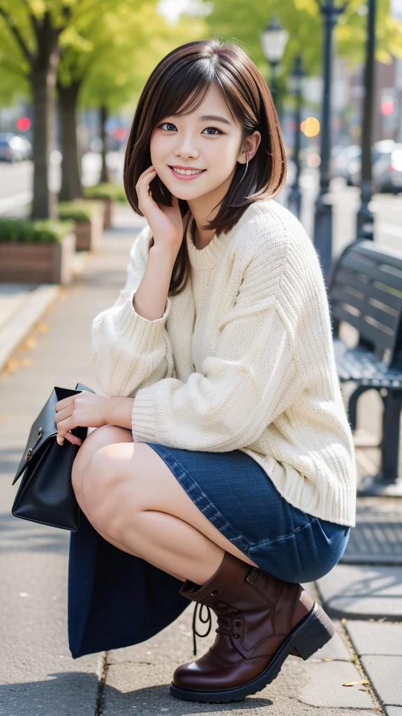 Photo taken by a professional photographer，laughter:1.5，Close-up of a woman squatting on the sidewalk, wearing a sweater, short cut brown hair, hair is messy，young and cute girl, Wearing a super super super super mini skirt:1.5，Wear stylish boots，sit on a park bench:1.5，Flashy makeup with red eyeshadow，You can see beautiful thighs