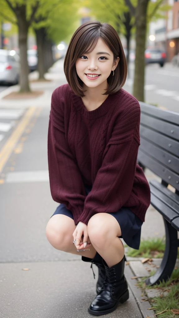 Photo taken by a professional photographer，laughter:1.5，Close-up of a woman squatting on the sidewalk, wearing a sweater, short cut brown hair, hair is messy，young and cute girl, Wearing a super super super super mini skirt:1.5，Wear stylish boots，sit on a park bench:1.5，Flashy makeup with red eyeshadow，You can see beautiful thighs