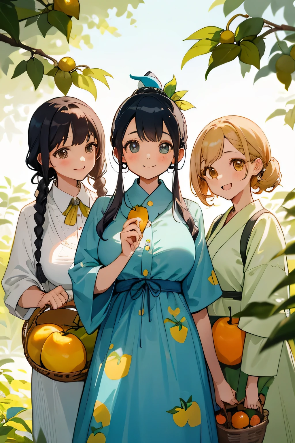 (highest quality:1.4)、(High resolution)、detailed background、(detailed beautiful face:1.4)、(anatomically correct)、((detailed facial expressions))、beautiful and smooth skin、beautiful teenage girl、three beautiful girls、(huge breasts:1.3)、cute hair color、braided bob、braided ponytail、realistic、perfect body line、cowboy shot、A big smile、Looks like a fun atmosphere、laughing、smiling、cute、
(Three women enjoying fruit picking:1.5)、
Try incorporating fruit-printed clothing and accessories to create a cute look.、
Wear a dress or top with a fruit print、Use fruit-patterned hair bands and hairpins to create cute hairstyles.、Bring a cute basket bag to match the natural atmosphere.、You can also add a basket hat to make it even cuter.、At the fruit picking area, take a basket and enter the fruit fields to choose your favorite fruit.、They enjoy picking fruit and smiling while enjoying the harvest.、Posing with fruit makes for a cute photo.、cute