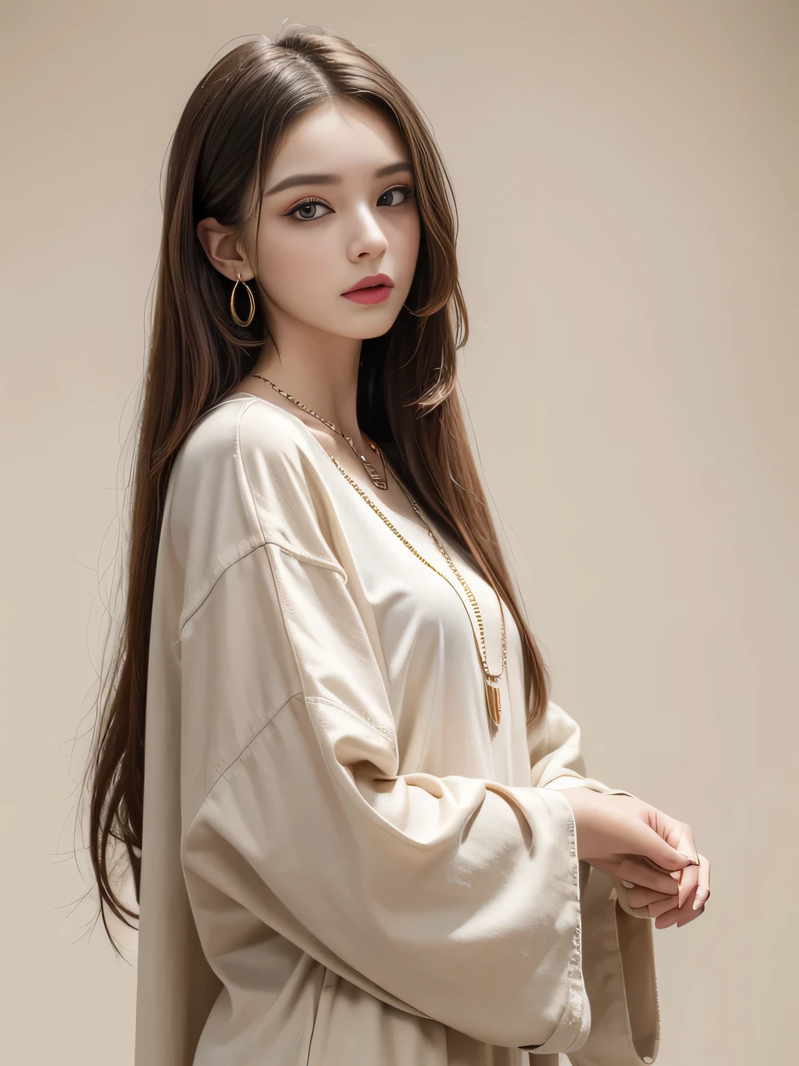 (8K, highest quality, High resolution, masterpiece :1.3), beige background, stylish, hisense, fashion, long contour, long slit eyes, long hair, oversized clothes, baggy clothes, Upper body, earrings, necklace, graphic design
