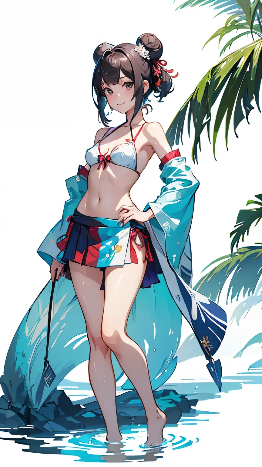 (highest quality, masterpiece, High resolution)、(concept art)、anime style、 reality、beautiful japanese woman、(1 woman)、18-year-old、(put your hands on your hips)、(Detailed depiction of a beautiful face)、smile gently、small breasts、slim body shape、medium short hair、semi-long、bun hair、Wet 水着、bikini、モノキニbikini、A pareo skirt with bold ethnic patterns and plenty of primary colors、realistic skin、Wet、full body、No zoom、No close-ups、cinematic light、Tropical shades、((blank background))、((white background))、