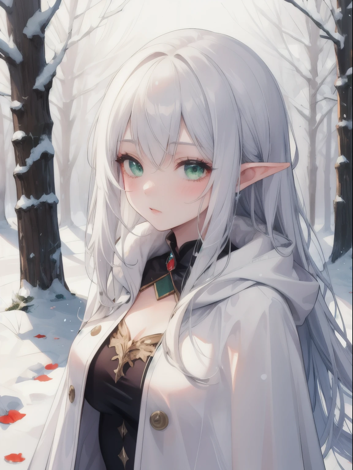 1girl, snow elf girl, long silver hair, green eyes, wearing a white cloak, forest, looking at the viewer, high res, ultrasharp, 8K, masterpiece, athletic body, mature, dark fantasy