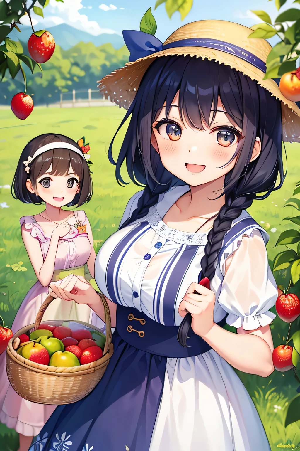 (highest quality:1.4)、(High resolution)、detailed background、(detailed beautiful face:1.4)、(anatomically correct)、((detailed facial expressions))、beautiful and smooth skin、beautiful teenage girl、three beautiful girls、(huge breasts:1.3)、cute hair color、braided bob、braided ponytail、realistic、perfect body line、cowboy shot、A big smile、Looks like a fun atmosphere、laughing、smiling、cute、
(Three women enjoying fruit picking:1.5)、
Try incorporating fruit-printed clothing and accessories to create a cute look.、
Wear a dress or top with a fruit print、Use fruit-patterned hair bands and hairpins to create cute hairstyles.、Bring a cute basket bag to match the natural atmosphere.、You can also add a basket hat to make it even cuter.、At the fruit picking area, take a basket and enter the fruit fields to choose your favorite fruit.、They enjoy picking fruit and smiling while enjoying the harvest.、Posing with fruit makes for a cute photo.、cute