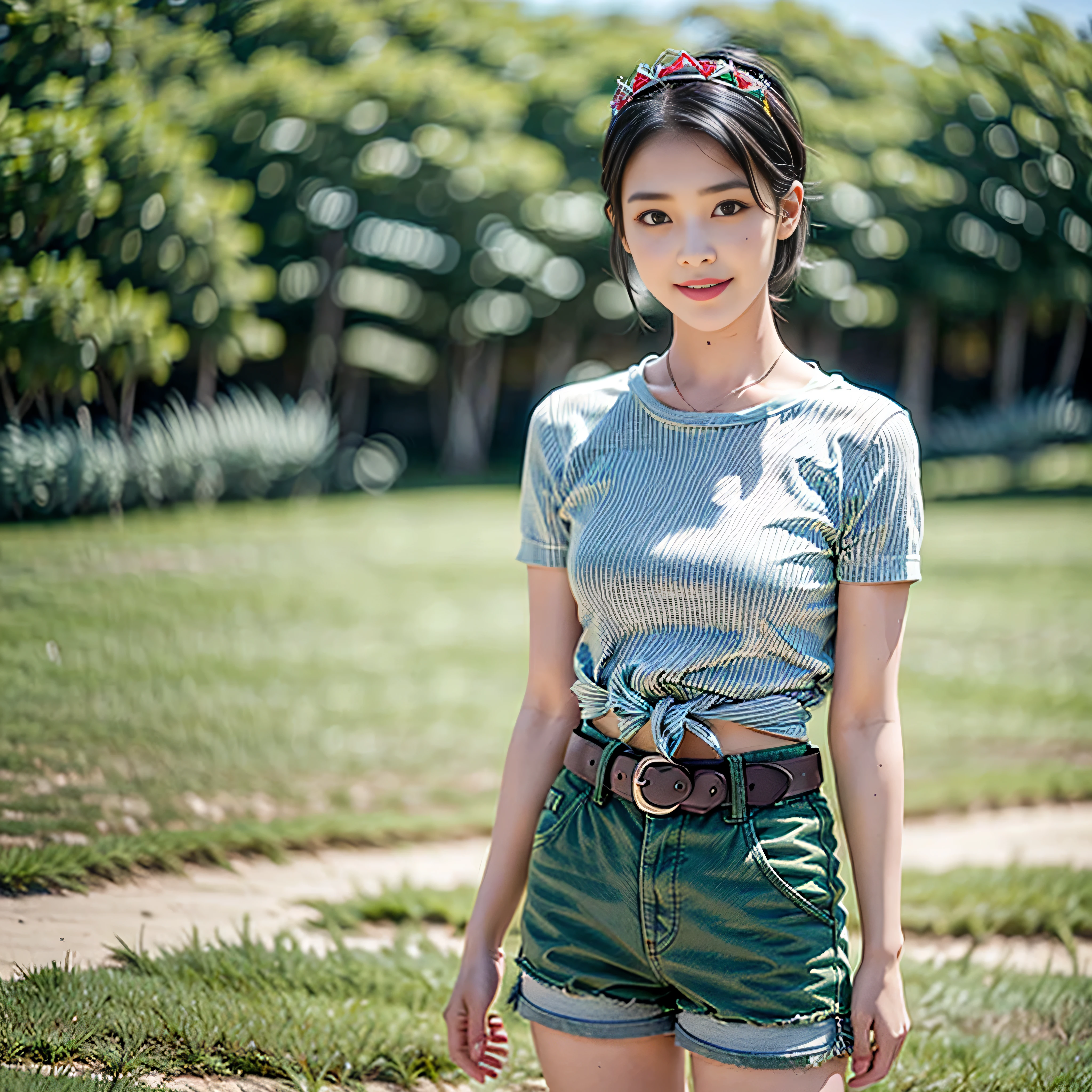 masterpiece, best quality, high resolution, serene 1, 1 girl, serene 1, 1 girl, serene (pokemon), solo, gray eyes, black hair, green shorts, red tiara, shirt, tied shirt,, short hair, short sleeves, shorts, stripes, yellow shirt, belt, middle class shooting, grass, field, smile, standing,