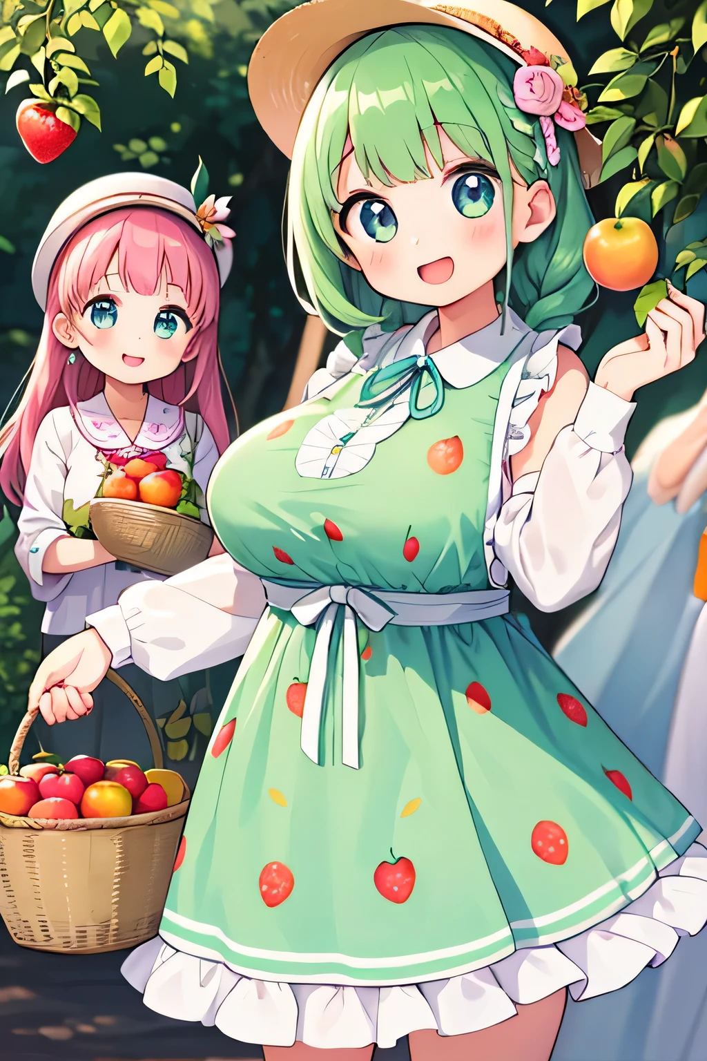 (highest quality:1.4)、(High resolution)、detailed background、(detailed beautiful face:1.4)、(anatomically correct)、((detailed facial expressions))、beautiful and smooth skin、beautiful age girl、three beautiful girls、(huge breasts)、cute hair color、braided bob、braided ponytail、realistic、perfect body line、cowboy shot、A big smile、Looks like a fun atmosphere、laughing、smiling、cute、
(Three women enjoying fruit picking:1.5)、
Try incorporating fruit-printed clothing and accessories to create a cute look.、
Wear a dress or top with a fruit print、Use fruit-patterned hair bands and hairpins to create cute hairstyles.、Bring a cute basket bag to match the natural atmosphere.、You can also add a basket hat to make it even cuter.、At the fruit picking area, take a basket and enter the fruit fields to choose your favorite fruit.、They enjoy picking fruit and smiling while enjoying the harvest.、Posing with fruit makes for a cute photo.、cute