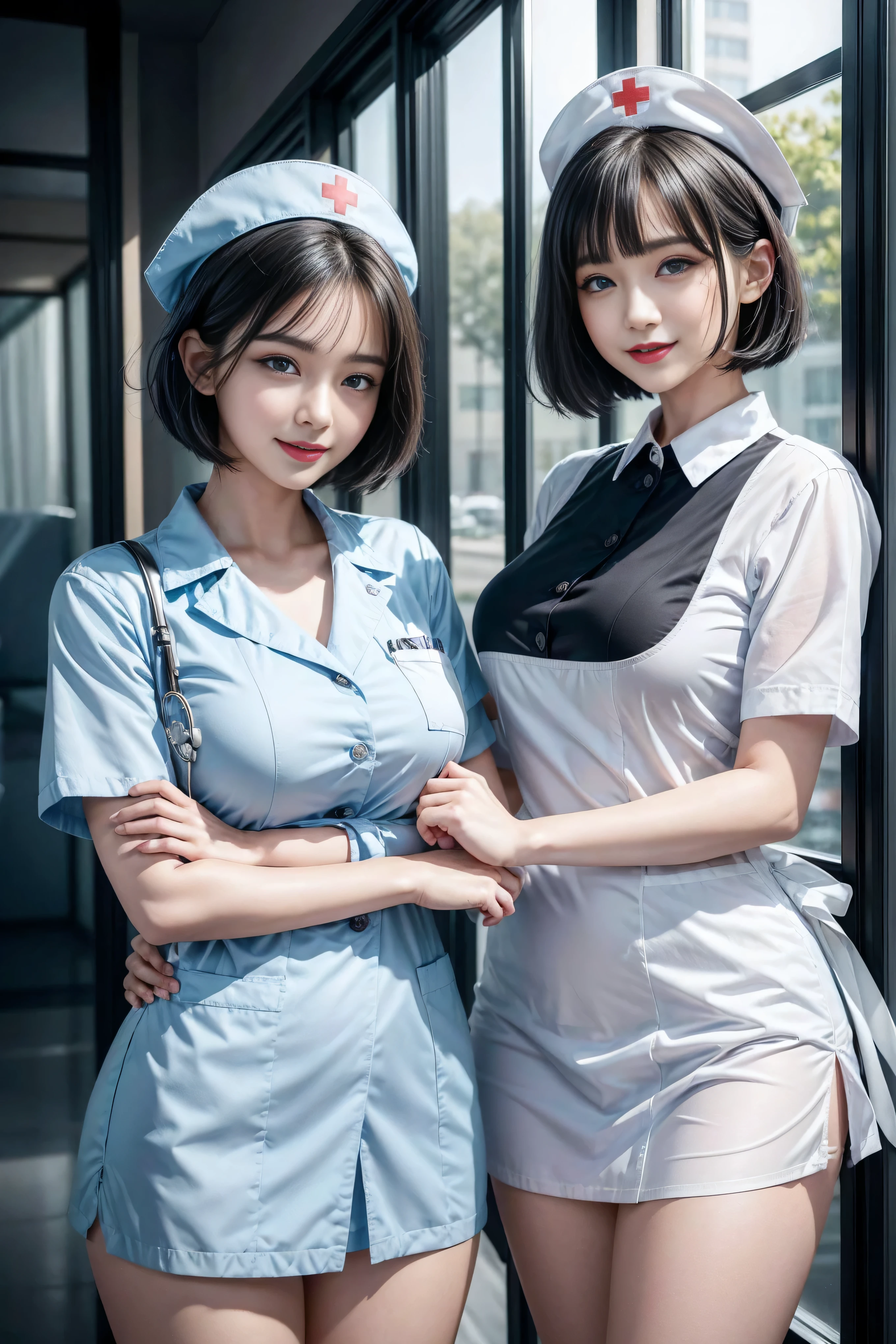 (3 Ultimate Beauty Nurse)、{{{masterpiece}}}, {Oh oh oh, Oh, really:1.2}, best quality, official art, Highly detailed CG Unity 8k wallpaper, The facial details are very rich、delicate lips、delicate eyes、double eyelids、((black bob hair))、(Nurse:1.3)、(charming figure)、(huge)、((Open your mouth and smile: 1.8, cute smile: 1.8)), solo, Short hair details, vibrant smile, blue eyes,with eyes_Tokar, {Beautiful detailed gradient eyes}, red lips,thigh, thigh, thigh, perfect fit, Perfect Image Realism, background with: (hospital ward:1.2), cow boy shooting, Detailed background, detailed clothing, Wear a nurse hat,Wear Nurse Clothes,perfect lighting、Surreal、(Realism:1.4)、8K maximum resolution, (masterpiece), The content is very detailed, professional,
