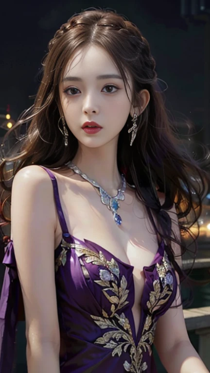 8k ultra hd, masterpiece, highest quality, beautiful girl, long hair, Impressive hairstyle, Royal Hair Jewelry, Pretty pretty face, perfect face, jewelry earrings, Antique Jewelry, Details, beautiful eyes, careful makeup, thin eyebrows, beautiful red lips, medium breasts, Royal dress, purple dress, Light purple shoelaces, Realistic colors, magic effect, night background, look straight at the audience,