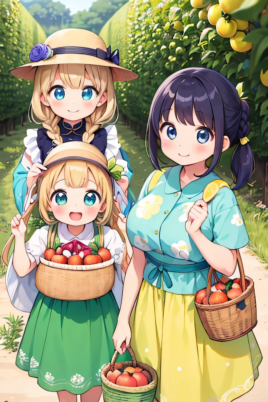 (highest quality:1.4)、(High resolution)、detailed background、(detailed beautiful face:1.4)、(anatomically correct)、((detailed facial expressions))、beautiful and smooth skin、beautiful teenage girl、three beautiful girls、(huge breasts)、cute hair color、braided bob、braided ponytail、realistic、perfect body line、cowboy shot、A big smile、Looks like a fun atmosphere、laughing、smiling、cute、

(Three women enjoying fruit picking:1.5)、

Try incorporating fruit-printed clothing and accessories to create a cute look.、
Wear a dress or top with a fruit print、Use fruit-patterned hair bands and hairpins to create cute hairstyles.、Bring a cute basket bag to match the natural atmosphere.、You can also add a basket hat to make it even cuter.、At the fruit picking area, take a basket and enter the fruit fields to choose your favorite fruit.、They enjoy picking fruit and smiling while enjoying the harvest.、Posing with fruit makes for a cute photo.、cute