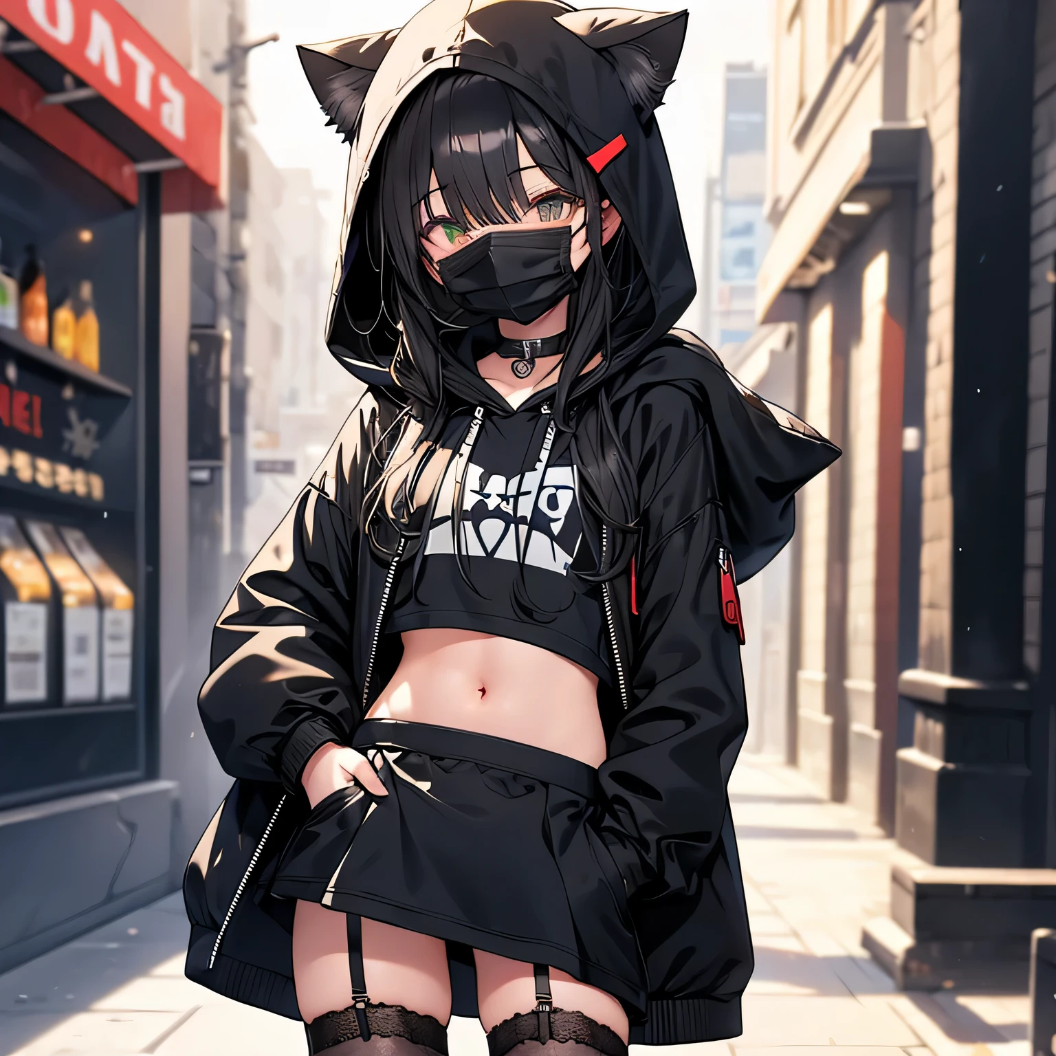 from below, hood, blurry, hoodie, blurry background, depth of field, thighhighs, animal hood, mask, black legwear, 1girl, mouth mask, navel, hood up, hooded jacket, garter straps, choker, cat hood, skirt, green eyes, black hoodie, solo, looking at viewer, drawstring, jacket, midriff, clothes writing, black choker, hands in pockets, blurry foreground, cat ears, animal ears, black jacket, cowboy shot, long sleeves, black hair, black skirt, long hair, crop top, bangs, surgical mask