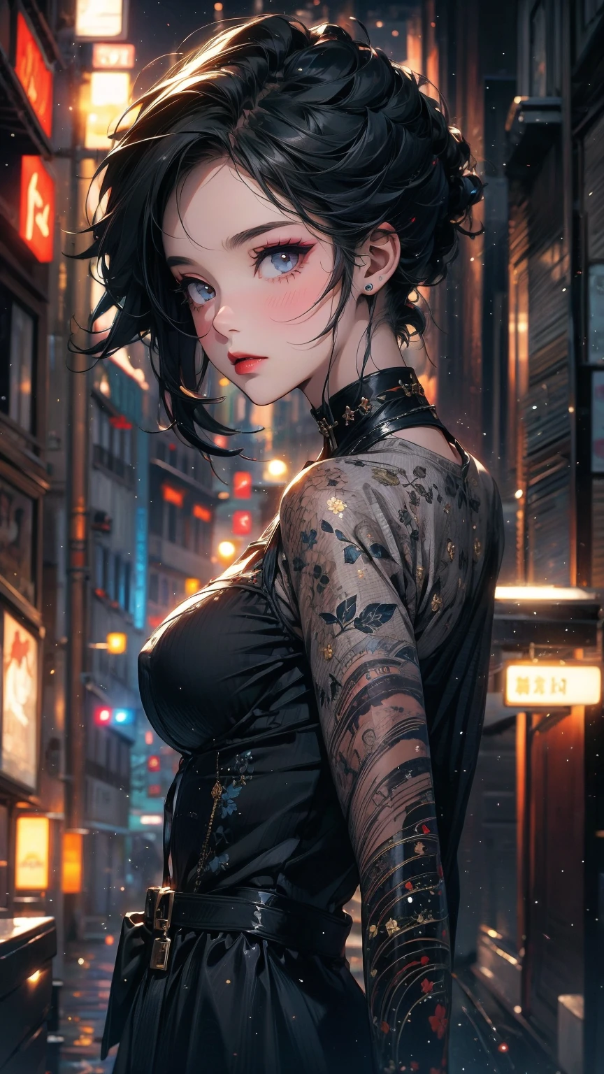 (masterpiece, High resolution, highest quality), ((20 year old female, Structure from head to stomach, focus on upper body)), fine eyes, avant-garde makeup, Asymmetrical punk short hair:1.2, ash gray hair, punk fashion :1.3, blurred background, A deserted backstreet in Paris:1.3, cinematic lighting, anime style, simple lines, digital painting