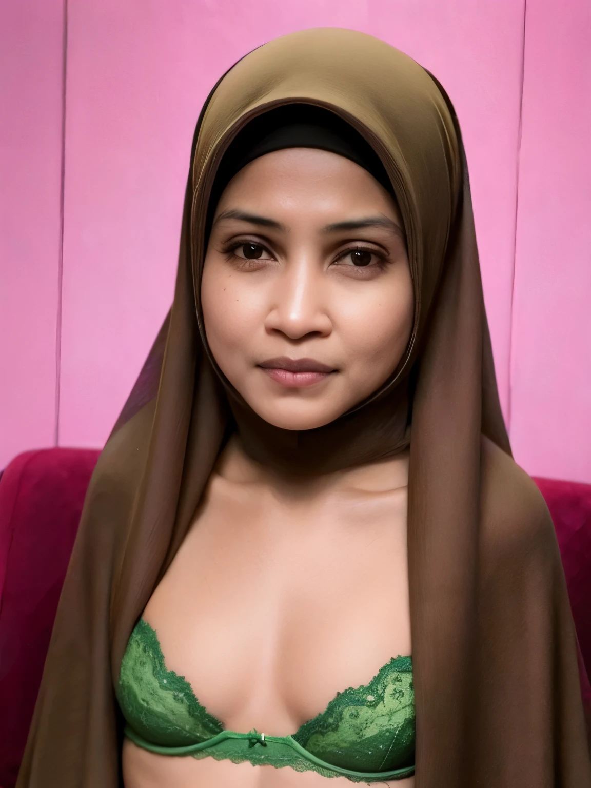 Very Thin body (Wearing Bra Lingerie), (((HIJAB MALAY GIRL))), masutepiece, High quality, UHD 32K, Realistic face, Realistic skin feeling , A Malay Lady, 48 years old, , Very cute and baby-like face, (((FLAT CHEST))), (MATRIX WORLD), ((look In front  at the camera and SADNESS)), ((())), (((CUTE GIRL))), ((BROWN LIPS)), ((BROWN)), (undress). WEAR BRA LINGERIE, green, red, yellow, lace  breasts, 