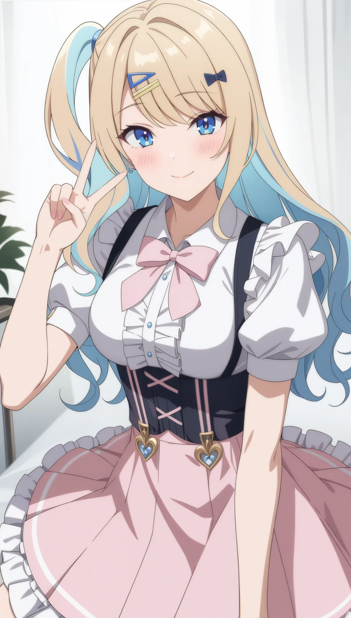 (masterpiece, best quality, very aesthetic, ultra detailed), intricate details,
1girl, ShirakawaRuna, blonde hair, multicolored hair, bangs, one side up, long hair, blue eyes, hairclip, jewelry, earrings, medium breasts, frills, puffy sleeves, puffy short sleeves, suspenders, frilled skirt, pink skirt, smile, blush, v, looking at viewer,  