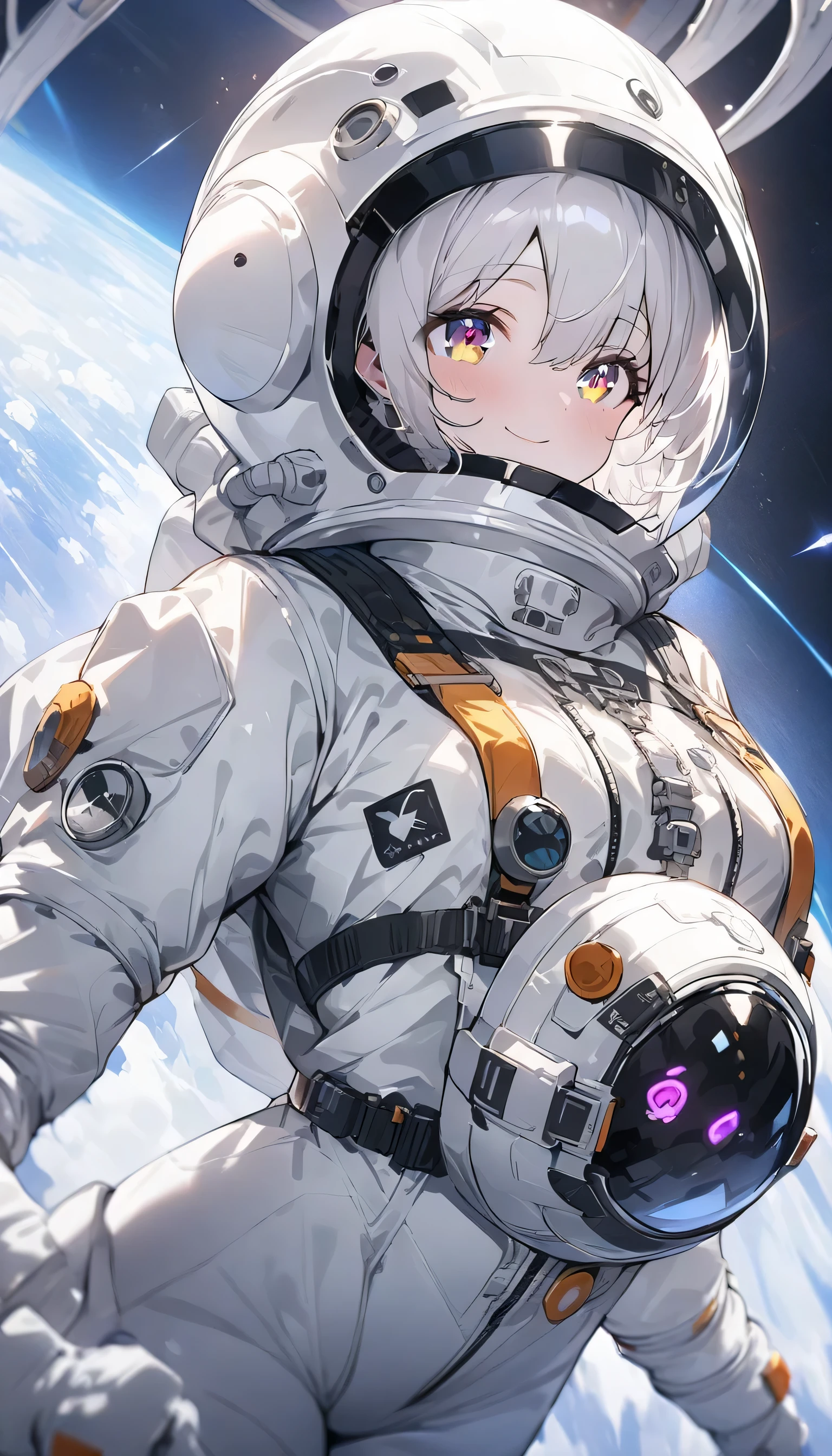 (highest quality、masterpiece、High resolution、detailed)、(Shining eyes、detailed beautiful face)、Beautiful short hair anime girl, ,(space flight士), (Spacesuit helmet:1.3)、Extravehicular Activity Unit、Beautiful anime in space suits, outer space, white haired god, exquisite details.space flight, anime 4k 、dynamic angle、beautiful anime、space travel、smile