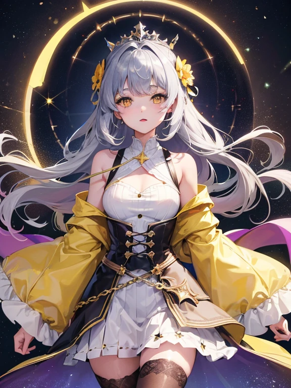 (Highly detailed CG Unity 8K wallpaper, highest quality, masterpiece), ((4k, masterpiece, highest quality)), adult woman, long gray hair, long hair and waist, hair loss, shawl, yellow eyes, single,, full of stars,Purple oversized swing princess dress, Wearing a white researcher-style coat, star hidden under the skirt, Pink, blue and yellow butterflies flying around, Theater background, star curtain, star hair ornament, suspenders,tights,Unreal,have a bouquet,planetarium,fantasy