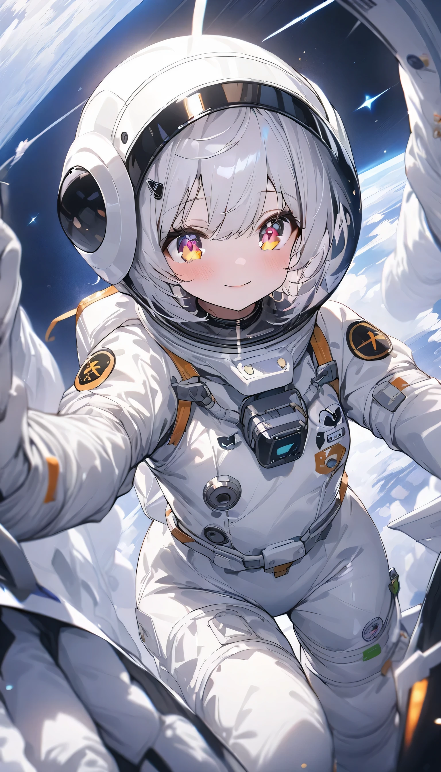 (highest quality、masterpiece、High resolution、detailed)、(Shining eyes、detailed beautiful face)、Beautiful short hair anime girl, ,(space flight士), (Spacesuit helmet:1.3)、Extravehicular Activity Unit、Beautiful anime in space suits, outer space, white haired god, exquisite details.space flight, anime 4k 、dynamic angle、beautiful anime、space travel、smile