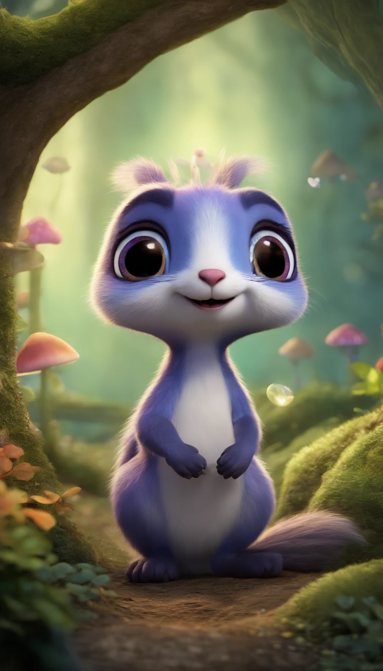 3D animation of a small, round, fluffy creature with big, expressive eyes explores a vibrant, enchanted forest. The creature, a whimsical blend of a rabbit and a squirrel, has soft blue fur and a bushy, striped tail. It hops along a sparkling stream, its eyes wide with wonder. The forest is alive with magical elements: flowers that glow and change colors, trees with leaves in shades of purple and silver, and small floating lights that resemble fireflies. The creature stops to interact playfully with a group of tiny, fairy-like beings dancing around a mushroom ring. The creature looks up in awe at a large, glowing tree that seems to be the heart of the forest.