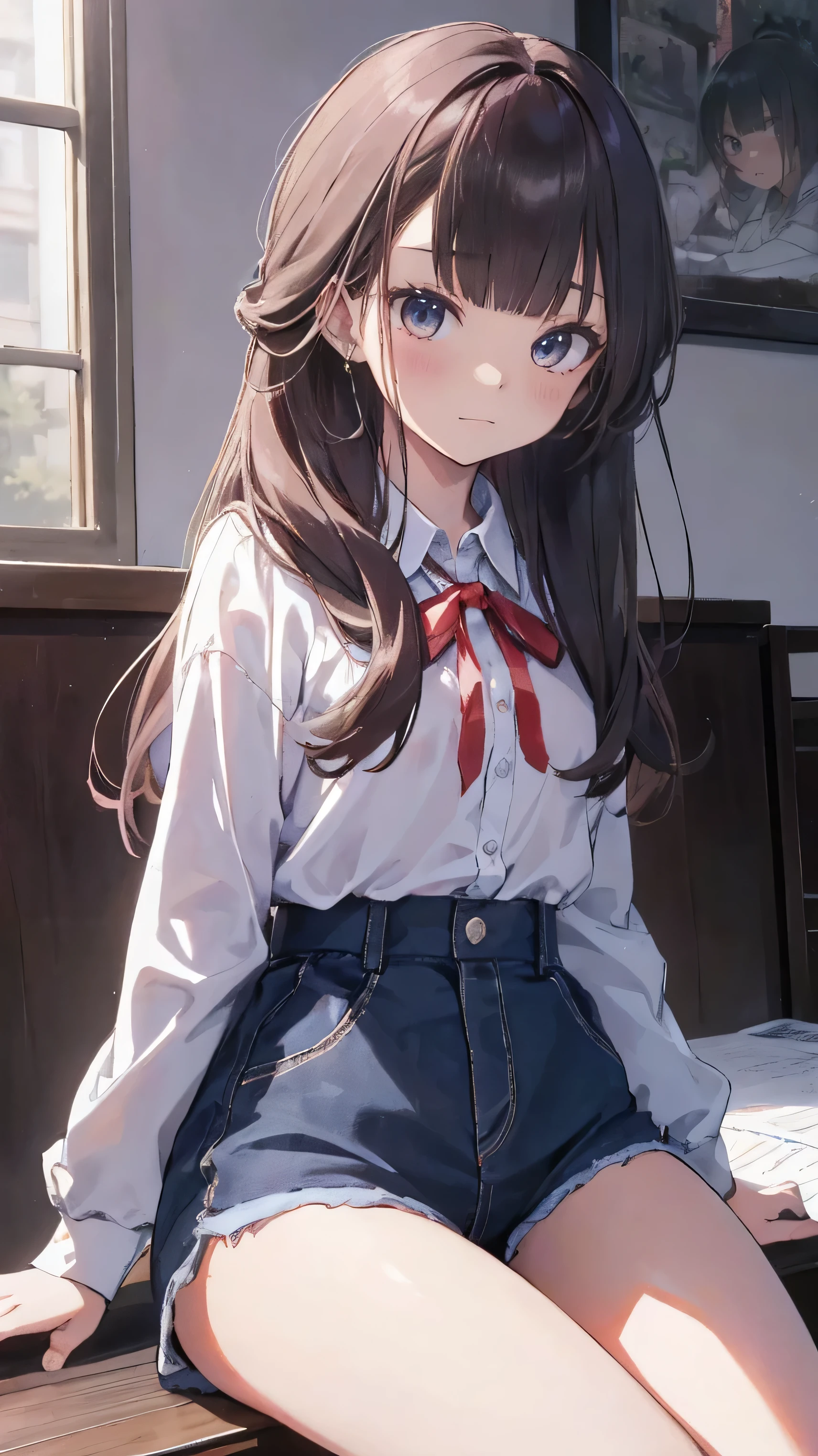 master piece、Highest image quality、highest quality、 ((panic))、glossy hair quality、small face、sitting、Super detailed and beautiful bright eyes、Super detailed clear and beautiful face、(cute illustration:1.2), High-resolution, ultra-detailed, best quality, embarrassed、(Gaps in shorts).(You can see her cute underwear through the gap)、physical education sitting
