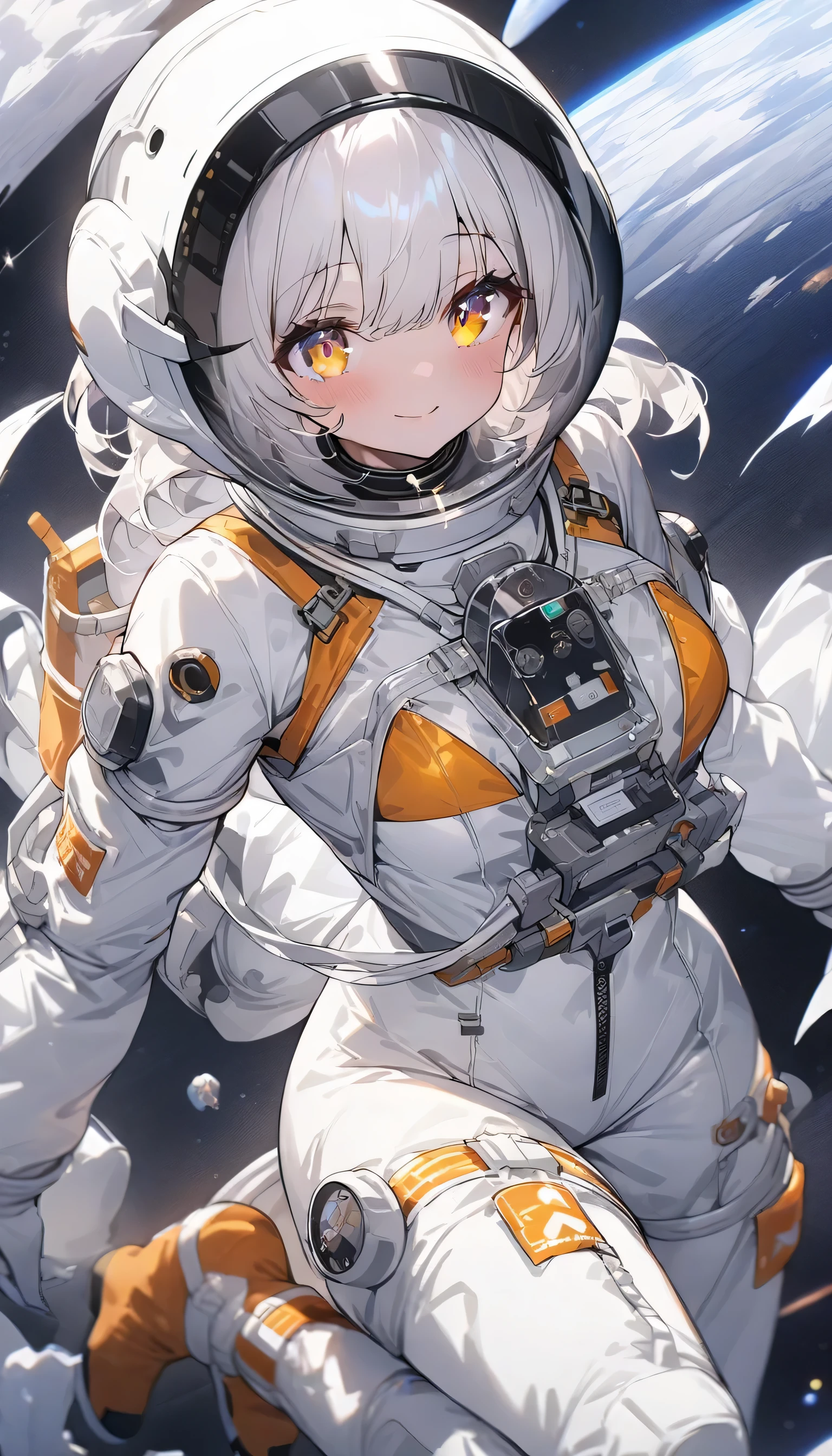 (highest quality、masterpiece、High resolution、detailed)、(Shining eyes、detailed beautiful face)、Beautiful short hair anime girl, ,(space flight士), (Spacesuit helmet:1.3)、Extravehicular Activity Unit、Beautiful anime in space suits, outer space, white haired god, exquisite details.space flight, anime 4k 、dynamic angle、beautiful anime、space travel、smile