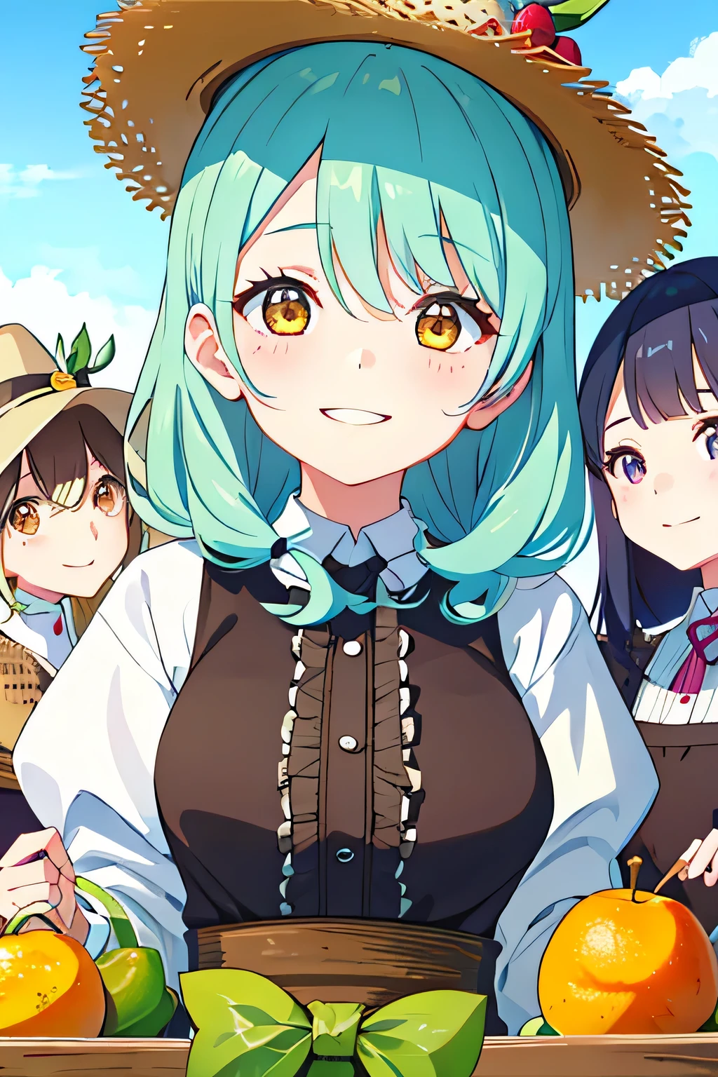 (highest quality:1.4)、(High resolution)、detailed background、(detailed beautiful face:1.4)、(anatomically correct)、((detailed facial expressions))、beautiful and smooth skin、beautiful teenage girl、three beautiful girls、(huge breasts)、cute hair color、braided bob、braided ponytail、realistic、perfect body line、cowboy shot、A big smile、Looks like a fun atmosphere、laughing、smiling、cute、
(Three women enjoying fruit picking:1.5)、
Try incorporating fruit-printed clothing and accessories to create a cute look.、
Wear a dress or top with a fruit print、Use fruit-patterned hair bands and hairpins to create cute hairstyles.、Bring a cute basket bag to match the natural atmosphere.、You can also add a basket hat to make it even cuter.、At the fruit picking area, take a basket and enter the fruit fields to choose your favorite fruit.、They enjoy picking fruit and smiling while enjoying the harvest.、Posing with fruit makes for a cute photo.、cute