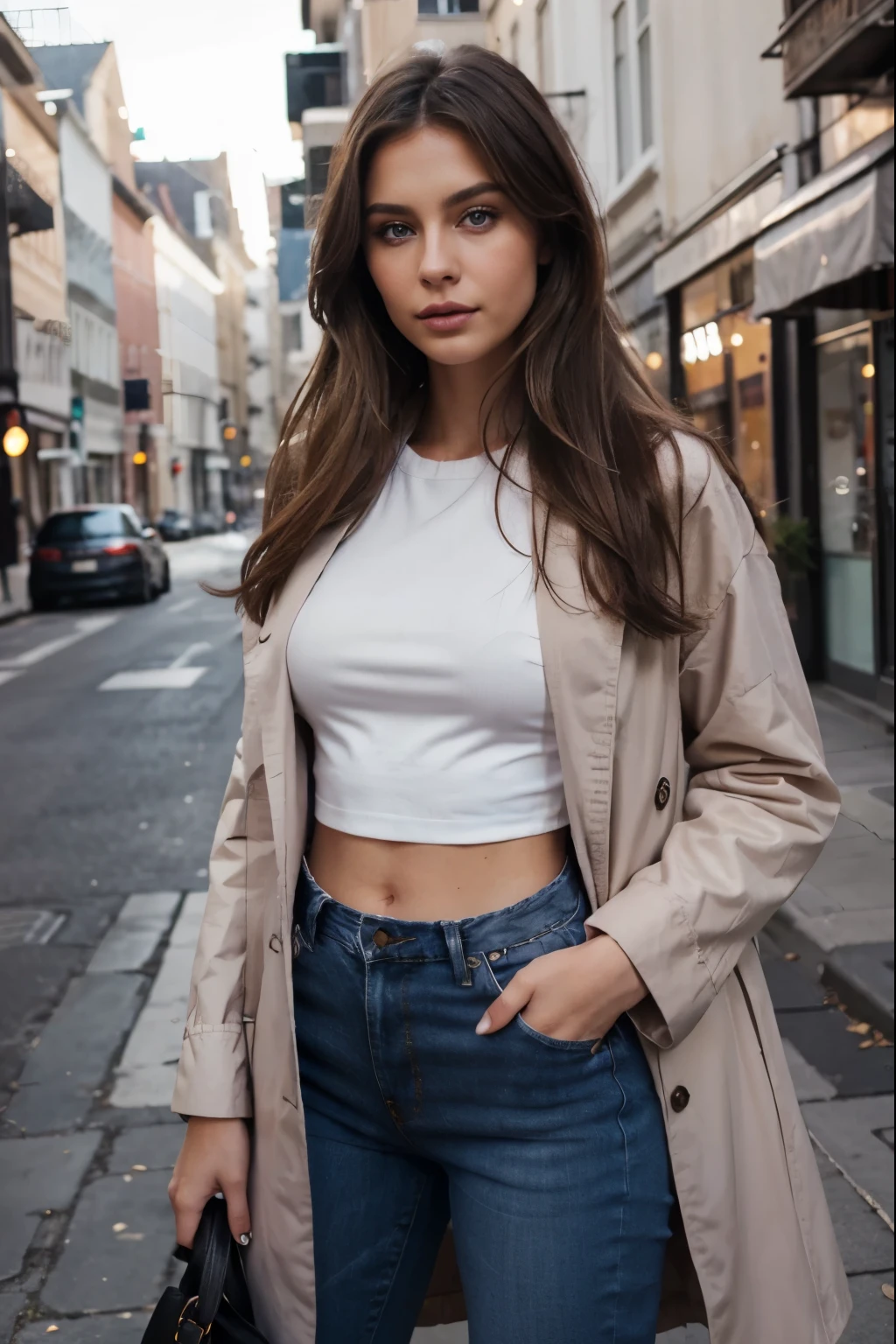 Photorealistic photo of a European girl 23 years old, juicy natural lips, high cheekbones, beautiful face, , with blue foxy eyes, realistically detailed iris, dark blond velvet balayage hair style, body of a top model, heavy makeup, tanned skin, s, black smokey eyeshadows, , Dressed chic with pink oversize coat white shirt and skinny blue jeans, corps parfait , street photografy