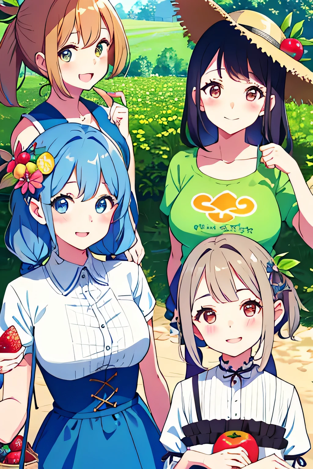 (highest quality:1.4)、(High resolution)、detailed background、(detailed beautiful face:1.4)、(anatomically correct)、((detailed facial expressions))、beautiful and smooth skin、beautiful teenage girl、three beautiful girls、(huge breasts)、cute hair color、braided bob、braided ponytail、realistic、perfect body line、cowboy shot、A big smile、Looks like a fun atmosphere、laughing、smiling、cute、

(Three women enjoying fruit picking:1.5)、

Try incorporating fruit-printed clothing and accessories to create a cute look.、
Wear a dress or top with a fruit print、Use fruit-patterned hair bands and hairpins to create cute hairstyles.、Bring a cute basket bag to match the natural atmosphere.、You can also add a basket hat to make it even cuter.、At the fruit picking area, take a basket and enter the fruit fields to choose your favorite fruit.、They enjoy picking fruit and smiling while enjoying the harvest.、Posing with fruit makes for a cute photo.、cute