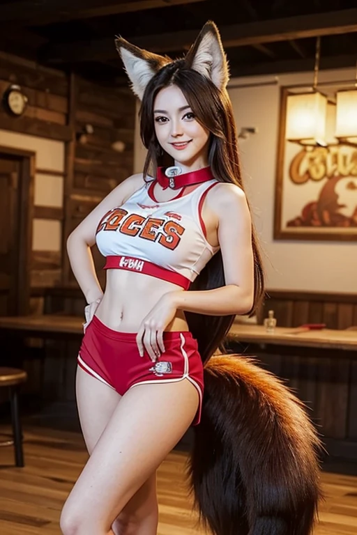 ((highest quality)), ((masterpiece)), (get used to it), perfect face, fox girl, Beautiful woman, public, A tail is growing, she has a fluffy tail, she has a fox tail, she shows her tail, smile, collar, She&#39;s wearing a Hooters uniform, beautiful hips, big breasts , big tail