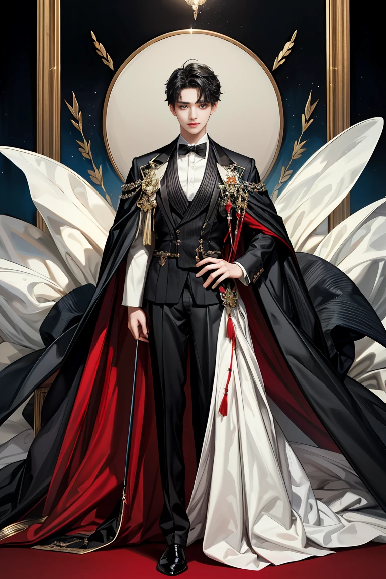 
masterpiece, 最high quality, high quality, 1 boy, alone, male focus, looking at the viewer, whole body, Winning spirit_destiny, Messy black hair, blue adorable big eyes, white people, Noble, Noble, formal attire, ,cute beautiful boy,Cute, cute, handsome, elegant, tuxedo、A very large, tall stand-up collar, a very large, long, floor-length cape made of a lot of fabric, red and black、17 years oldful boy、Cute cute handsome boy