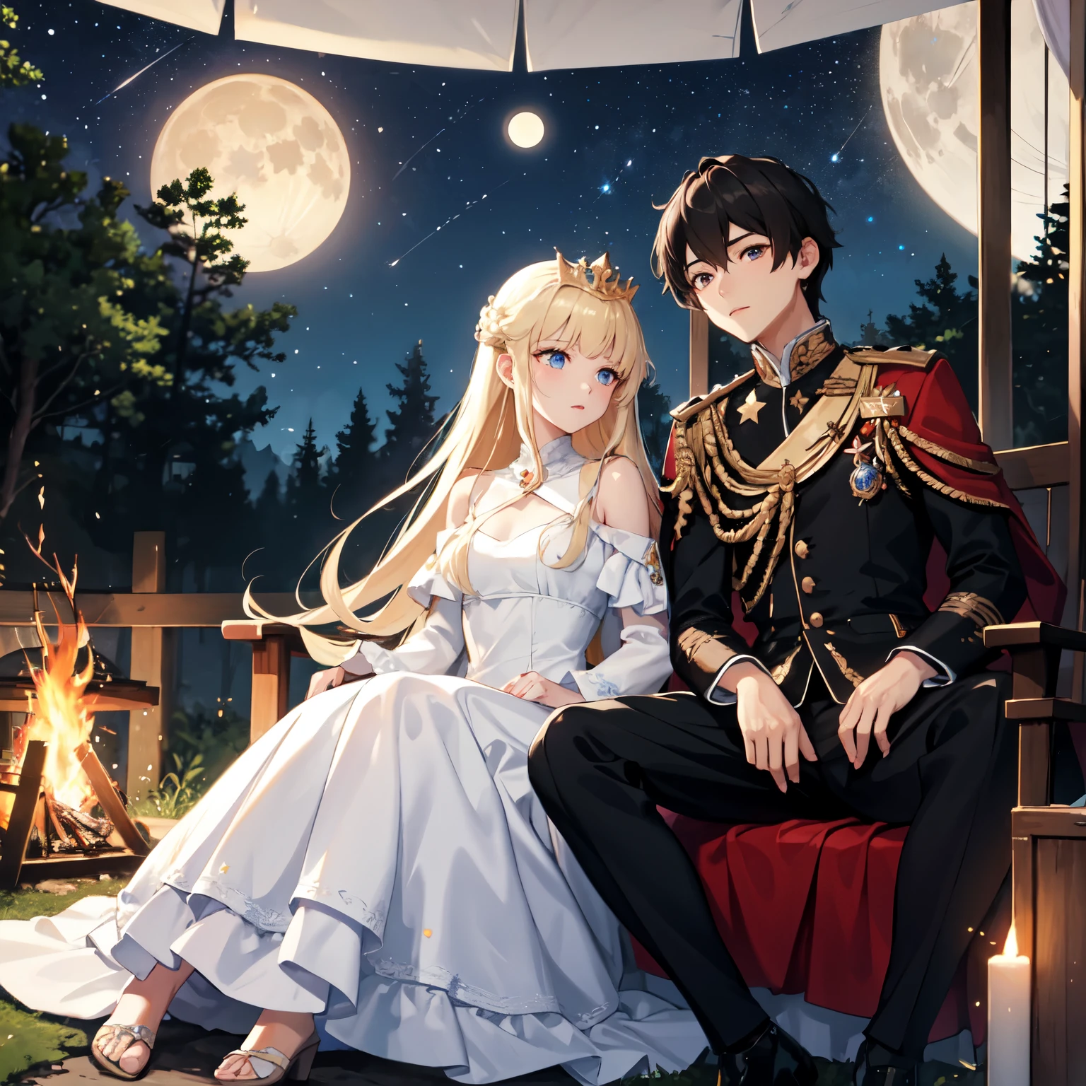 High Detail, Ultra Detail, Ultra High Resolution, black hair brown eyes prince, protect blonde hair blue eyes princess, couple, beautiful stars, night sky, moon, princess fell asleep, talking, sitting by campfire,