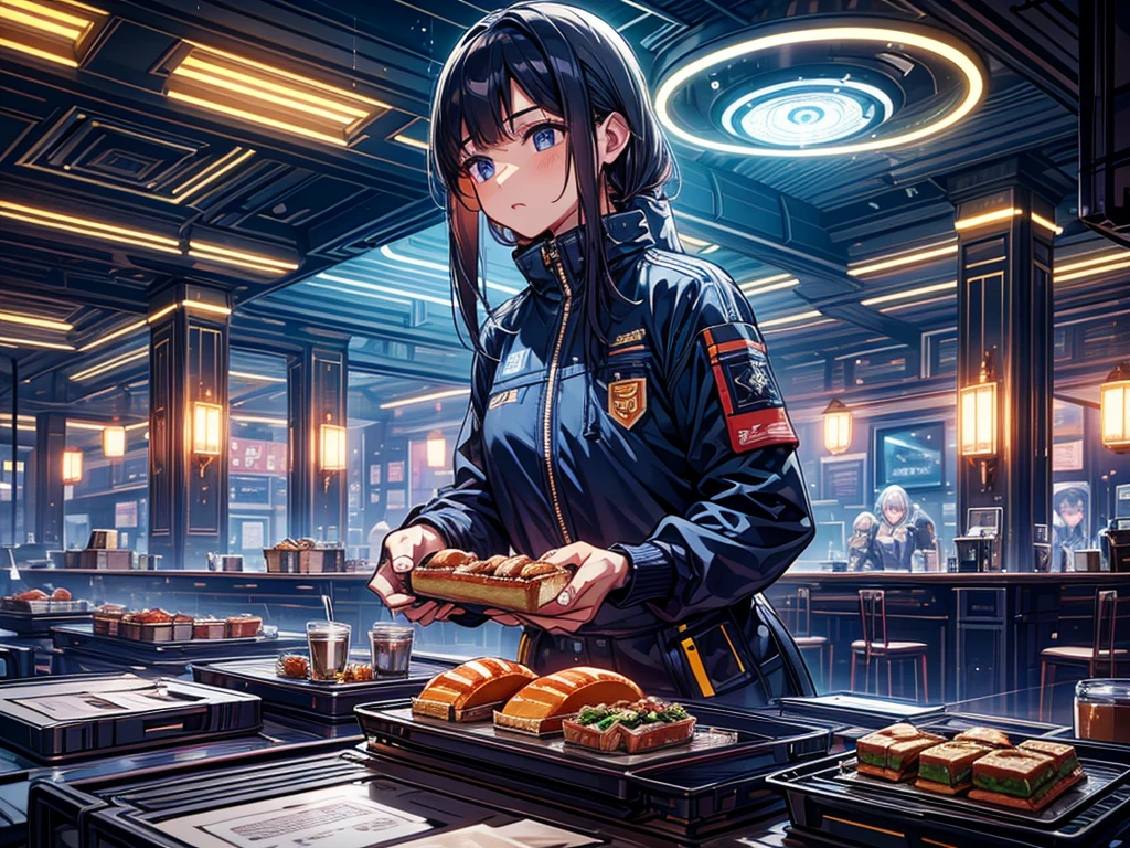 future，on a giant space station，in living area，1 food truck, A girl selling breakfast, Morning, LED light, Color LED, Sandwiches, drinks, Menus,  Breakfast 5 euros, 製作Sandwiches  