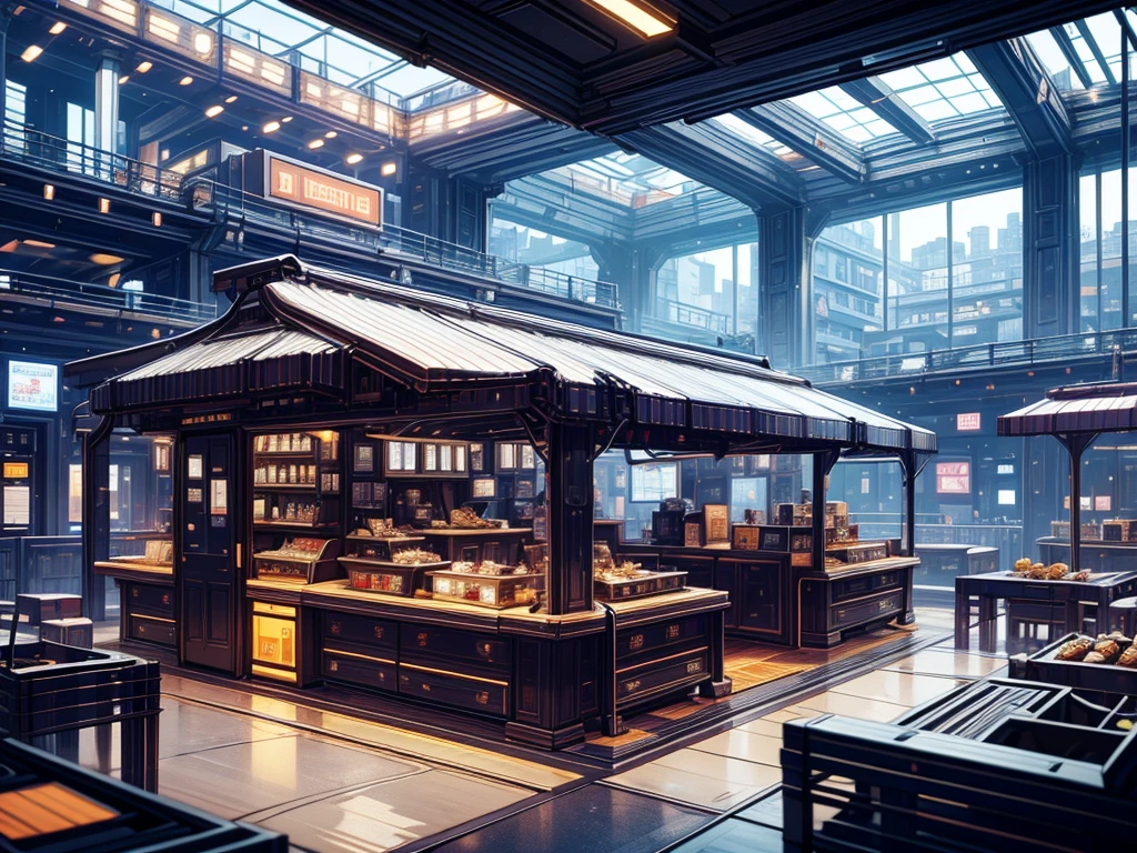 future,on a giant space station,in living area,1 food truck, A girl selling breakfast, Morning, LED light, Color LED, Sandwiches, drinks, Menus, Breakfast 5 euros, 製作Sandwiches