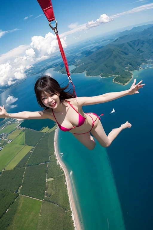 over the sky３０００In the middle of skydiving at 1.5 meters、The surroundings are clear blue sky and clouds、She is a beautiful Japanese woman with medium-long bob hair and is very cute, and is having fun and spreading her arms and legs.、Sensual style、She is wearing a very sexy micro bikini swimsuit.、She is looking at the camera、The camera follows her from above.、not wearing glasses！