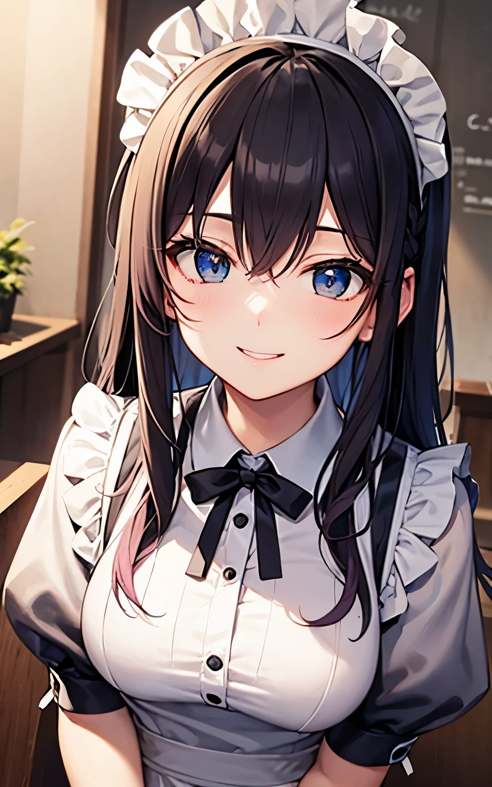 beautiful girl、Maid Cafe、Maid clothes、Upper body is shown、Dazzling smile、