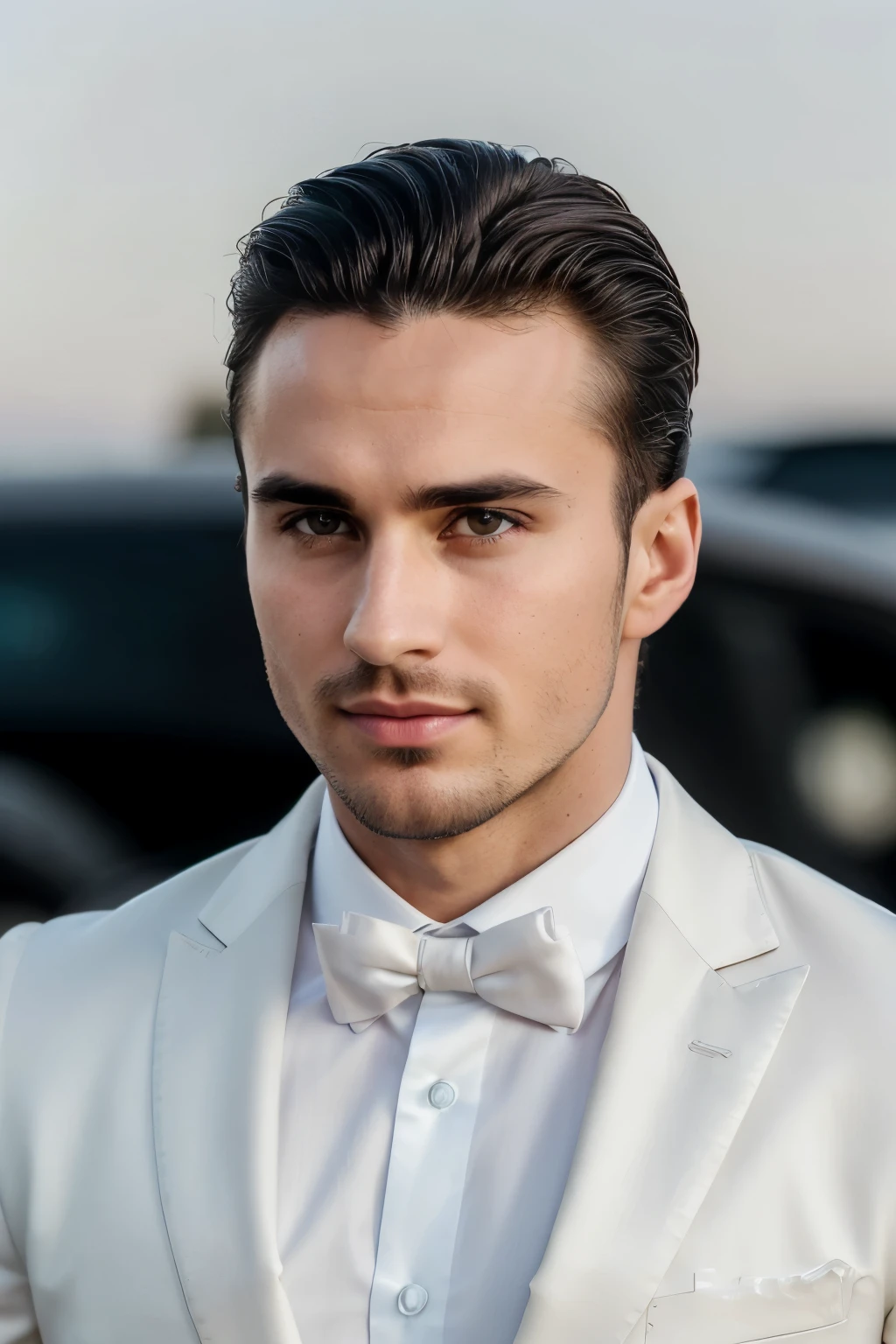 (RAW style, masterpiece, best quality), 30-year-old elegant man, driving a sleek BMW, sharp jawline, well-groomed facial hair, stylish suit, confident and focused expression, sun setting in the background, cinematic light, sidelighting, ultra-high resolution, clear and vibrant colors, soft tones, intricate details, sharp focus.