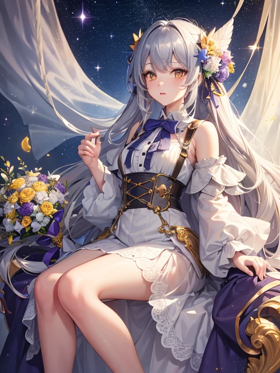 (Highly detailed CG Unity 8K wallpaper, highest quality, masterpiece), ((4k, masterpiece, highest quality)), adult woman, long gray hair, long hair and waist, hair loss, shawl, yellow eyes, single,, full of stars,Purple oversized swing princess dress, Wearing a white researcher-style coat, star hidden under the skirt, Pink, blue and yellow butterflies flying around, Theater background, star curtain, star hair ornament, suspenders,Unreal,holding a bouquet of flowers,,fantasy