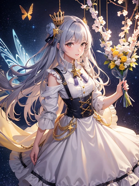 (Highly detailed CG Unity 8K wallpaper, highest quality, masterpiece), ((4k, masterpiece, highest quality)), adult woman, long gray hair, long hair and waist, hair loss, shawl, yellow eyes, single,, full of stars,Purple oversized swing princess dress, Wearing a white researcher-style coat, star hidden under the skirt, Pink, blue and yellow butterflies flying around, Theater background, star curtain, star hair ornament, suspenders,Unreal,holding a bouquet of flowers,,fantasy