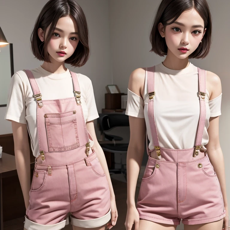 Suspender jeans(masterpiece, best quality:1.2), Very short hair, alone，Pale pink，Light rouge makeup（（（Short inches）））（minor）