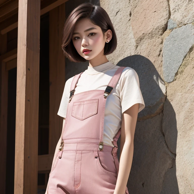 Suspender jeans(masterpiece, best quality:1.2), Very short hair, alone，Pale pink，Light rouge makeup（（（Short inches）））（minor）