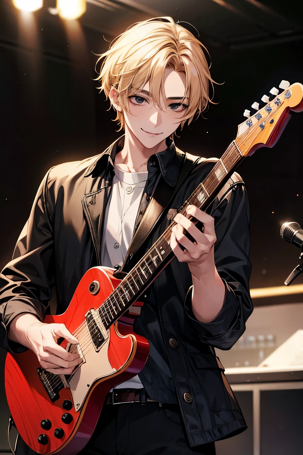 Masterpiece, best quality, highres, official, details, solo, 1 male, smile facial, medium hair, blonde hair, black eyes, guitarist, musician
