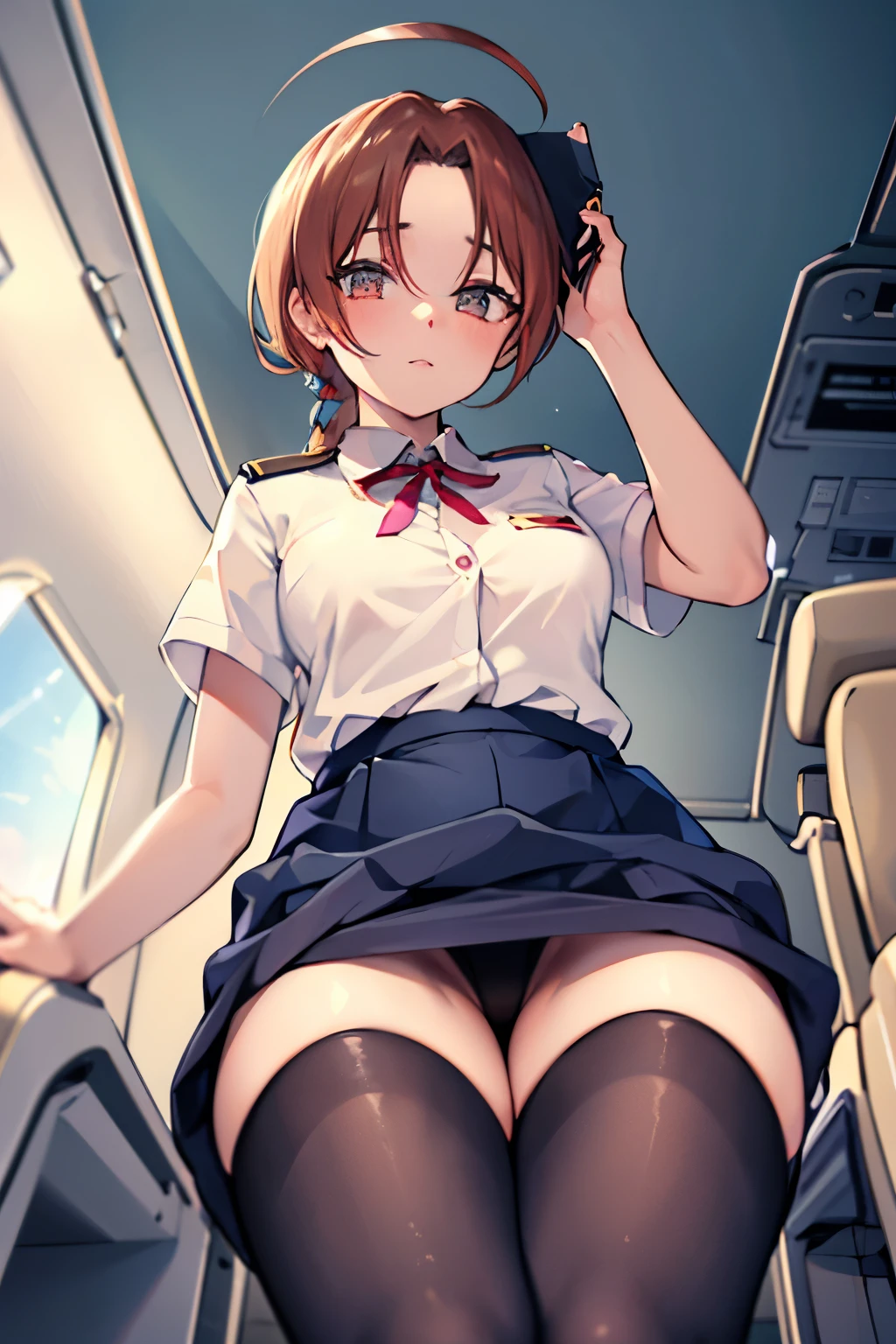 30-year-old female cabin attendant, crouching in the aisle of the plane, picking up lost items, skirt, stockings, detailed eyes (from the front, from below), masterpiece, blushing, shy face