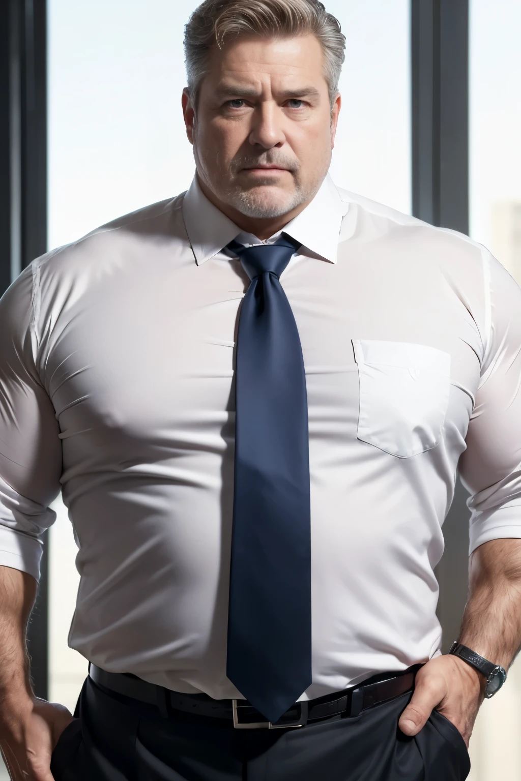 (Age: 65, White man businessman, Disgusting, Muscular chubby, Kind, Buttoned-open shirt with a tie, Mature daddy, Dress pants, Hairier-than-usual chest, Noticeable bulge, Realistic, Photorealistic: 1.2),

He stood there, a middle-aged businessman with a hint of disgust in his wrinkled features. His muscular chubby frame was a stark contrast to the usual tightly toned physiques that dominated the corporate world. Yet, there was an undeniable charm about him. With his shirt buttons open a few notches, his tie loosened, he looked