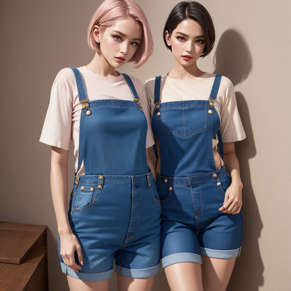 Suspender jeans(masterpiece, best quality:1.2), Very short hair, alone，Pale pink，Light rouge makeup（（（Short inches）））（minor）