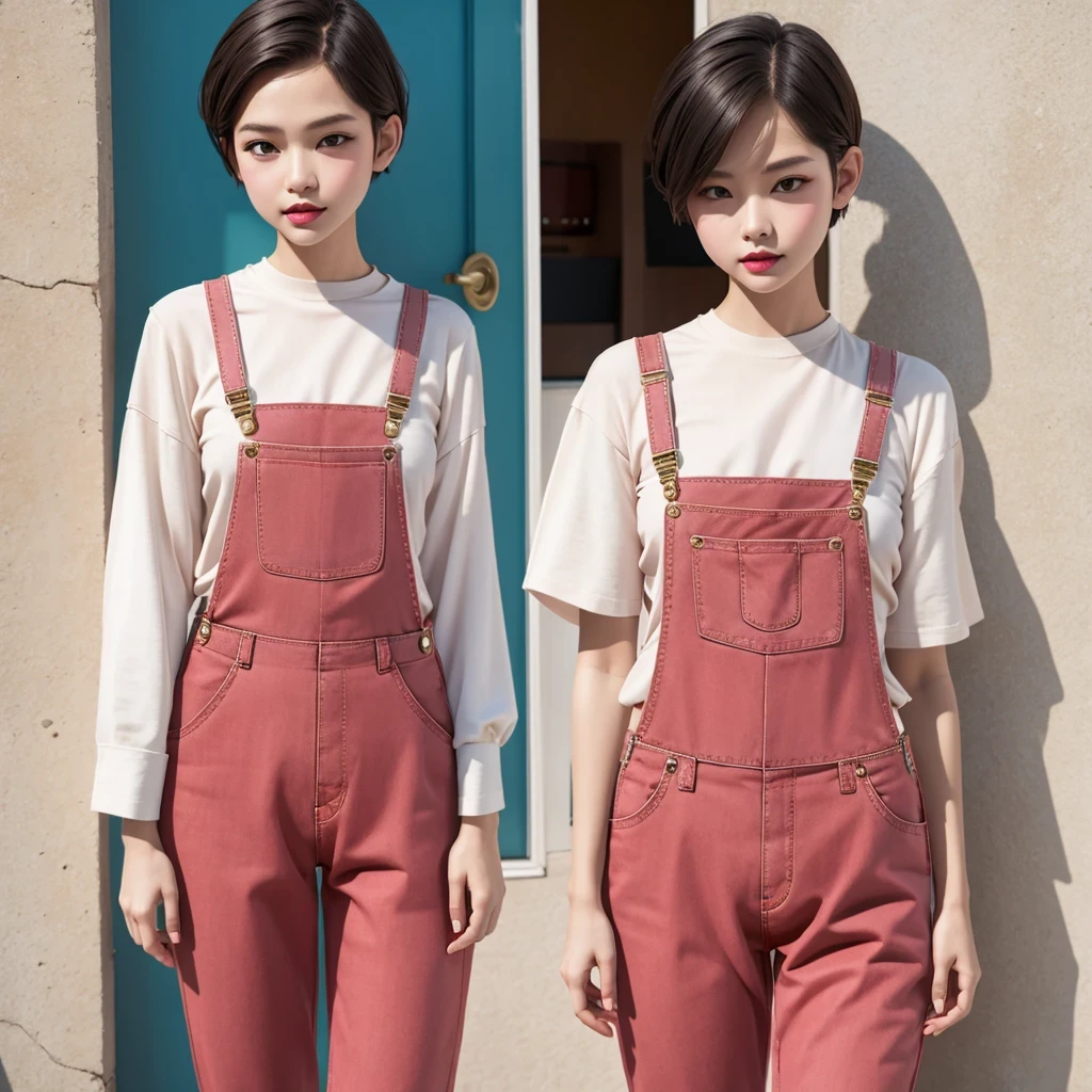 Suspender jeans(masterpiece, best quality:1.2), Very short hair, alone，Pale pink，Light rouge makeup（（（Short inches）））（minor）