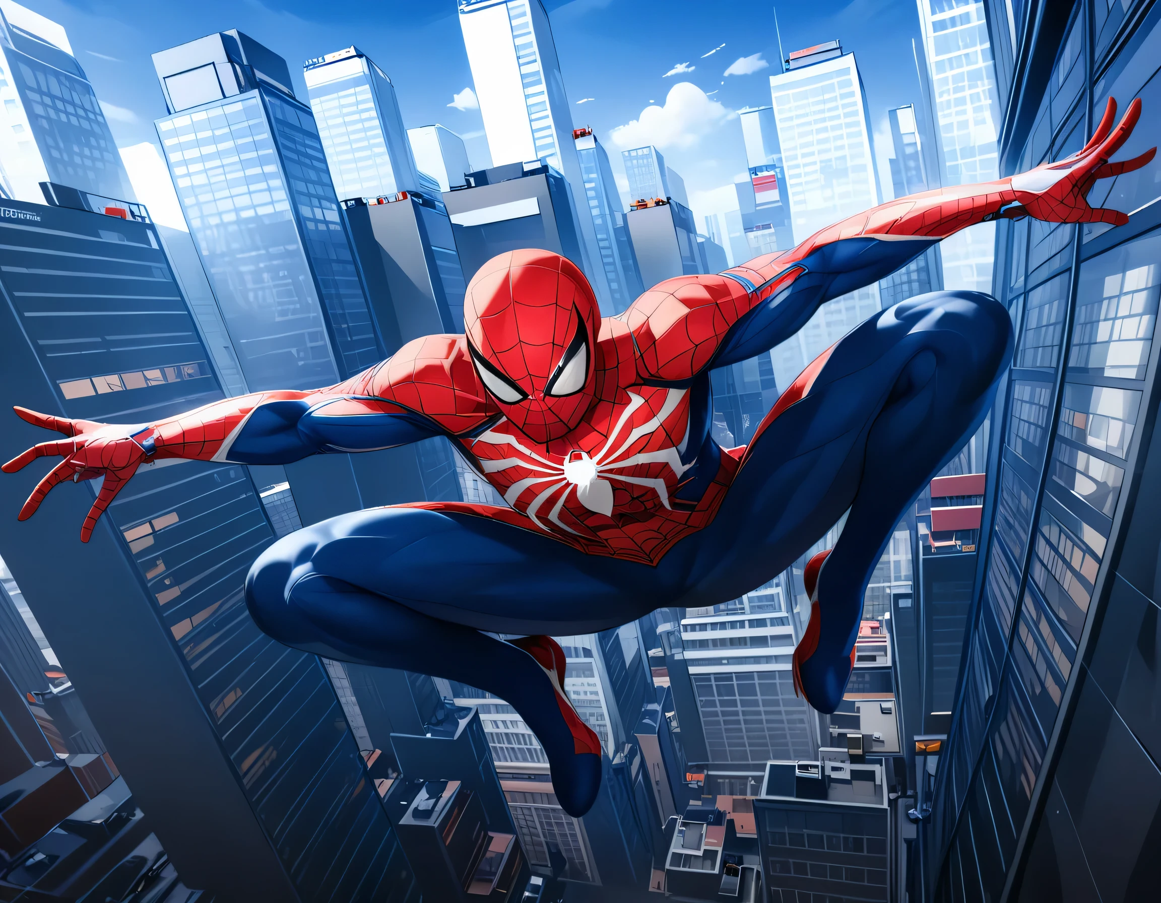 (best quality,4k,8k,highres,masterpiece:1.2),ultra-detailed,niji,,spiderman ps4,solo,bodysuit,1boy,cowboy shot,dynamic pose,full body view,pectorals,mask,superhero,muscular,red bodysuit,spider web print,looking at viewer,medium:oil painting,high contrast lighting,hint of blue color,action-packed,cityscape background,web-slinging through skyscrapers,captivating expression,rippling muscles,shadows highlighting the muscular physique,web shooter on wrist,fierce determination,swinging in the air,energetic movement,adrenaline rush,attacking pose,graceful agility,heroic stance,emotionally-charged atmosphere,deep perspective,eye-catching composition,attention to every intricate detail,studio lighting emphasizing the textures,striking visual impact,immersive experience,life-like portrayal of the iconic superhero.