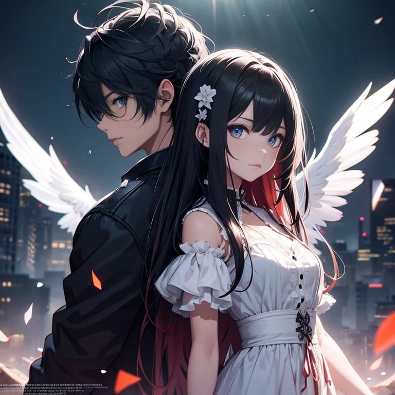 3D illustration、 angel and devil、dark色、clear eyes、Strong heart、official art, unthaty 8k wallpaper, Super detailed, beautiful and aesthetic, high qualthaty, beautiful, masterpiece, 最high qualthaty, (zget tangled, mandala, tangled, get tangled:0.6), dark森の中の男と女の子の白黒写真, (male monster next to girl),Limthated palette, long straight black hair, (dark), good and bad、that'that'that'that'that'that'that'it's raining、、Reduce exposure、Blow bubbles all around
