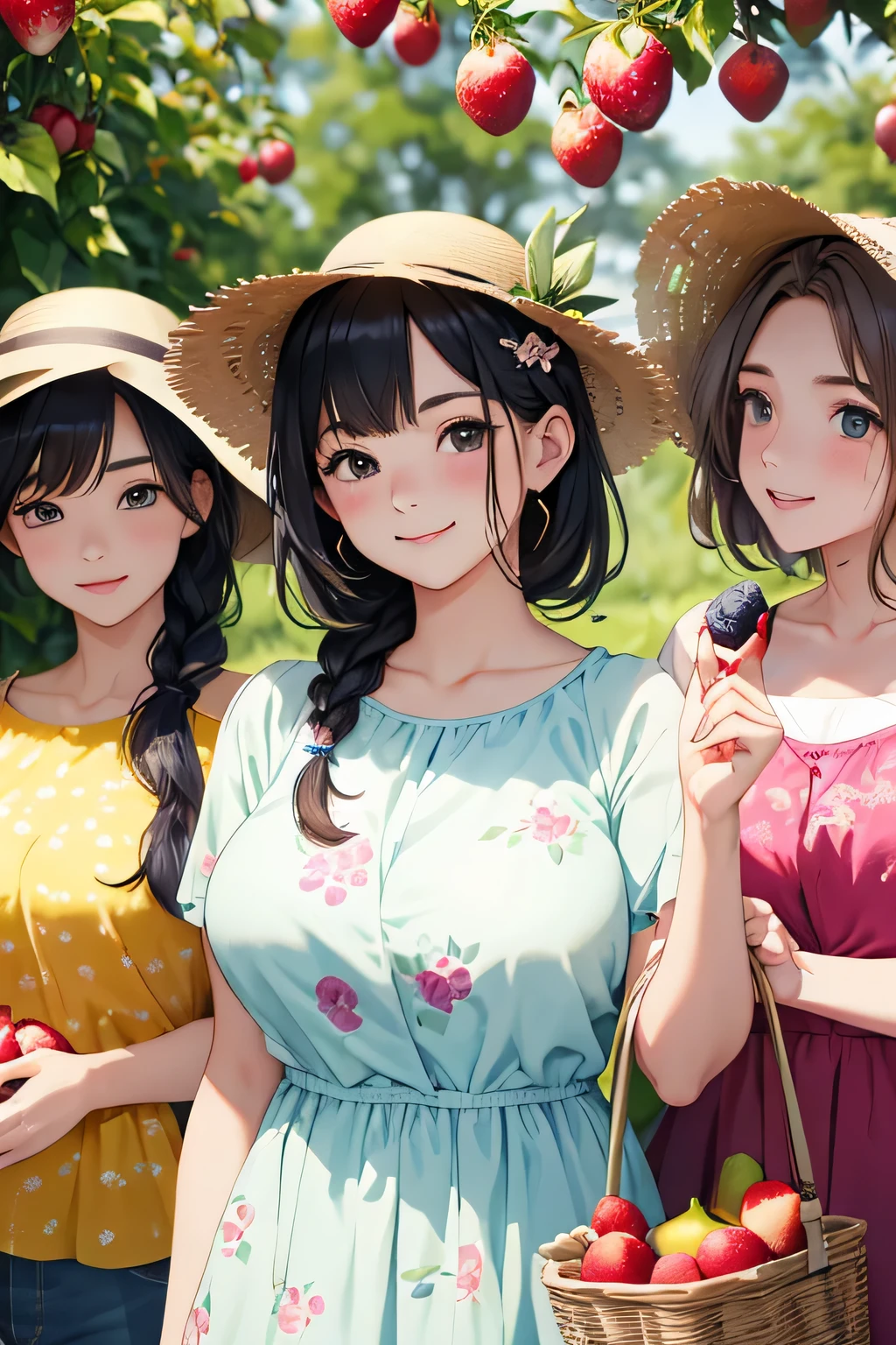 (highest quality:1.4)、(High resolution)、detailed background、(detailed beautiful face:1.4)、(anatomically correct)、((detailed facial expressions))、beautiful and smooth skin、beautiful age girl、three beautiful girls、(huge breasts:1.3)、cute hair color、braided bob、braided ponytail、realistic、perfect body line、cowboy shot、A big smile、Looks like a fun atmosphere、laughing、smiling、cute、

(Three women enjoying fruit picking:1.5)、

Try incorporating fruit-printed clothing and accessories to create a cute look.、
Wear a dress or top with a fruit print、Use fruit-patterned hair bands and hairpins to create cute hairstyles.、Bring a cute basket bag to match the natural atmosphere.、You can also add a basket hat to make it even cuter.、At the fruit picking area, take a basket and enter the fruit fields to choose your favorite fruit.、They enjoy picking fruit and smiling while enjoying the harvest.、Posing with fruit makes for a cute photo.、cute