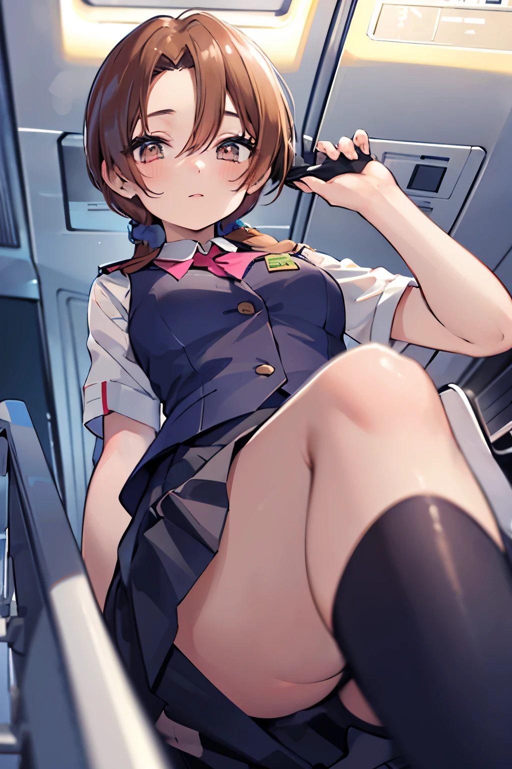 30-year-old female cabin attendant, crouching in the aisle of the plane, picking up lost items, skirt, stockings, detailed eyes (from the front, from below), masterpiece, blushing, shy face