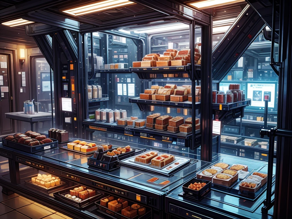 future, on a giant space station, in living area, ((1 food truck), A girl selling breakfast, 製作Sandwiches, LED light, Color LED, Sandwiches, drinks, Menus, Breakfast 5 euros,